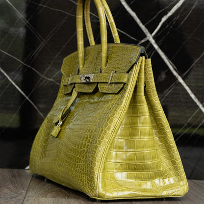 Hermes Birkin 35 Handbag Vert Anis Shiny Crocodile Porosus Palladium Hardware