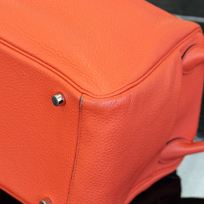 Hermes Lindy 30 Orange Red Clemence Leather Silver Hardware Shoulder Bag
