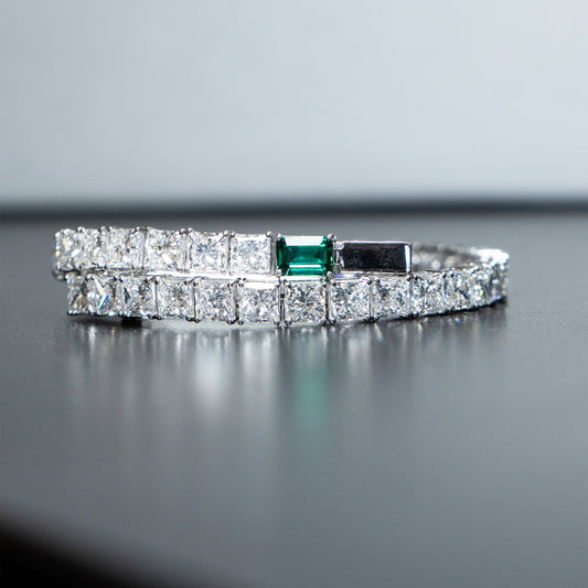 18k White Gold Princess Cut LAB GROWN Diamond & Emerald Tennis Bracelet
