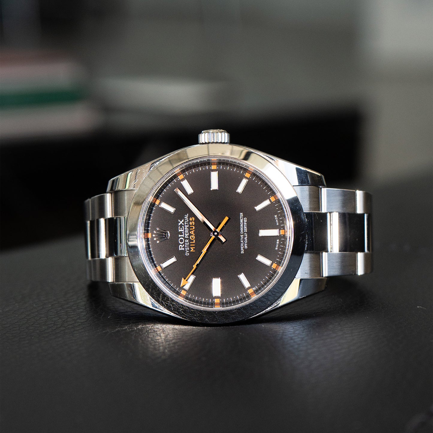 Rolex 116400 Milgauss Stainless Steel Black Dial Orange Hand Automatic Watch