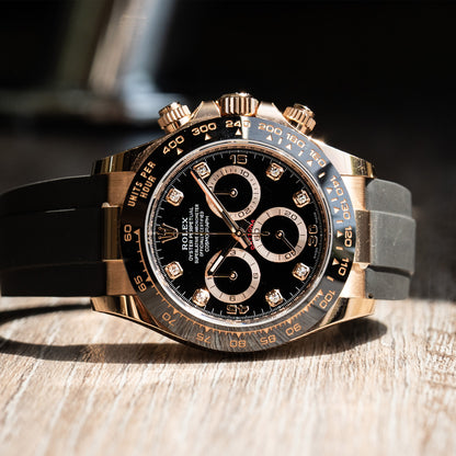 Rolex 116515 Cosmograph Daytona Rose Gold Black Diamond Dial Oyster Flex Watch