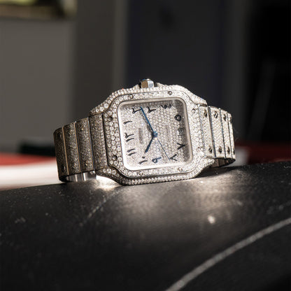 Pre-Owned Cartier Large Santos Diamond Bustdown Stainless Steel Custom Watch