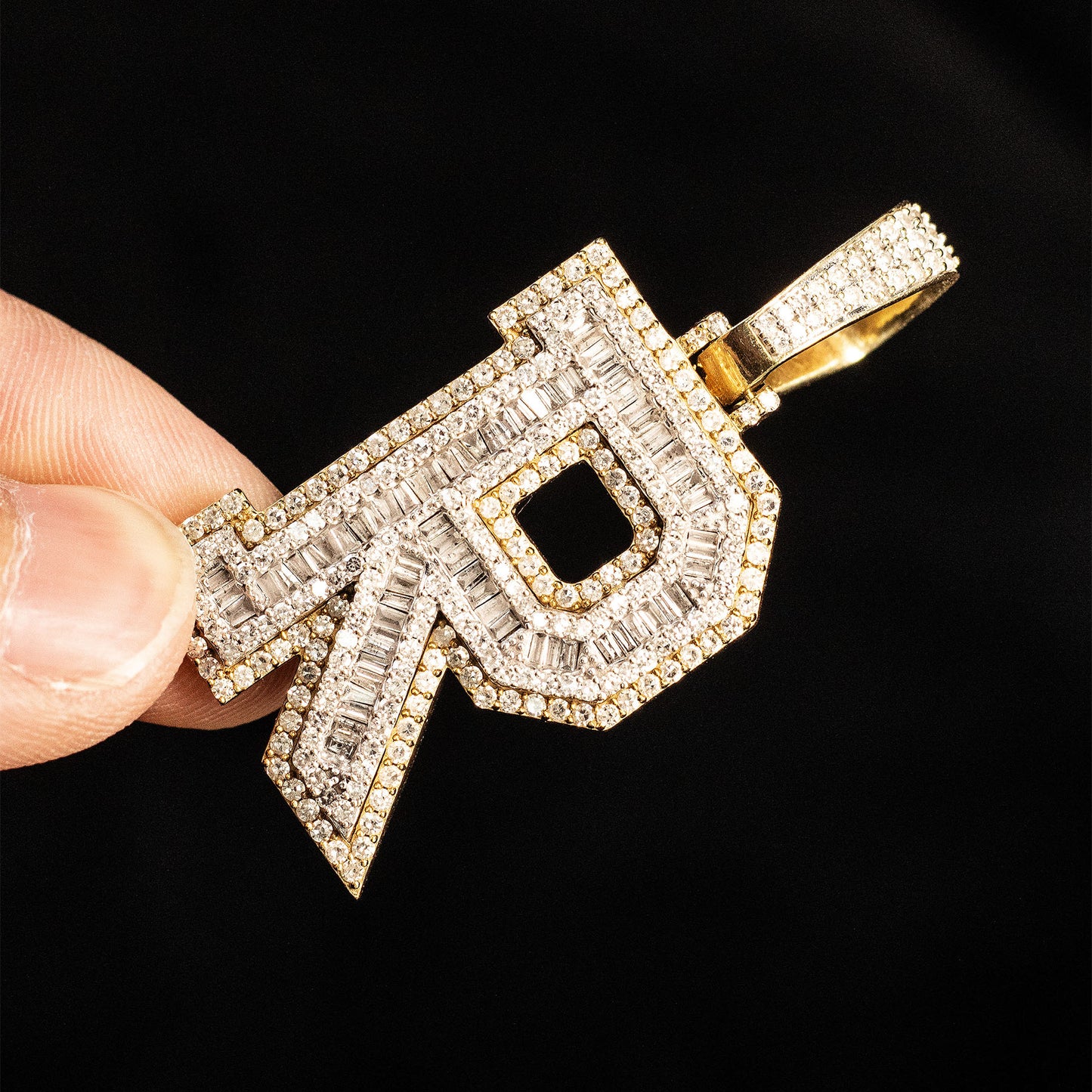 10k Yellow Gold Round & Baguette Diamond Pave "R" Pendant