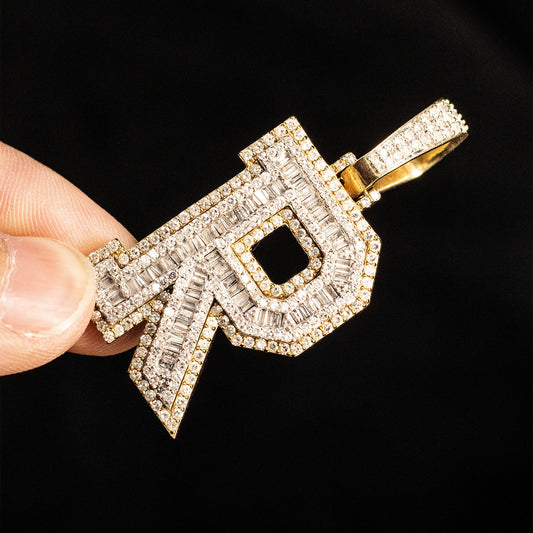 10k Yellow Gold Round & Baguette Diamond Pave "R" Pendant