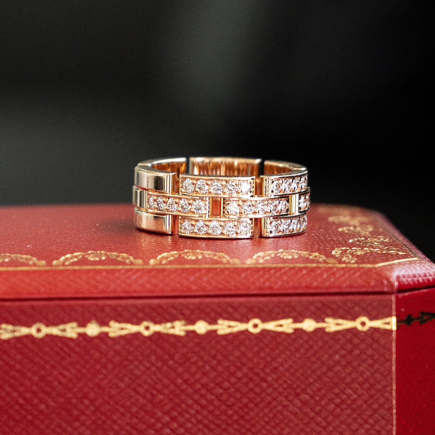 Cartier Maillon Panthere 18K Rose Gold Diamond Three Row Ring