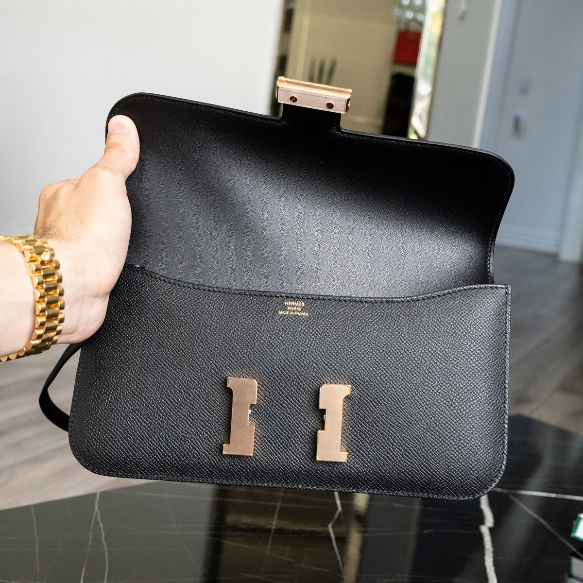 Hermès Black Epsom Constance Elan Handbag Rose Gold Hardware