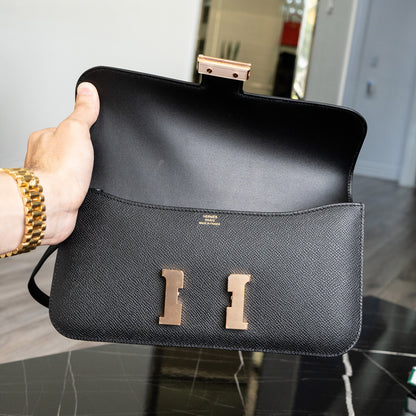 Hermès Black Epsom Constance Elan Handbag Rose Gold Hardware