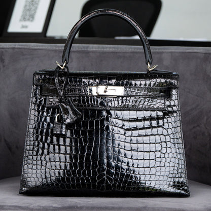 Hermes Kelly 28 Black Crocodile Shiny Porosus Handbag