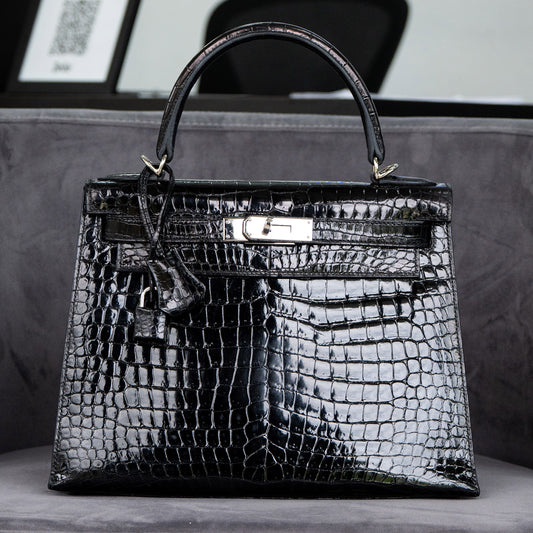 Hermes Kelly 28 Black Crocodile Shiny Porosus Handbag