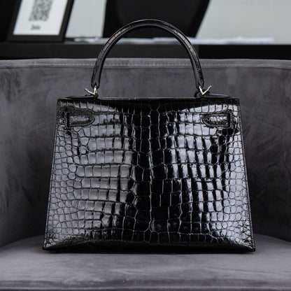 Hermes Kelly 28 Black Crocodile Shiny Porosus Handbag