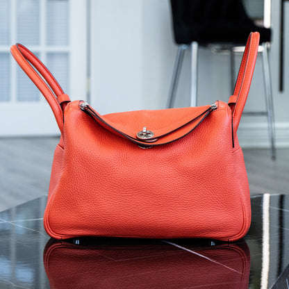 Hermes Lindy 30 Orange Red Clemence Leather Silver Hardware Shoulder Bag