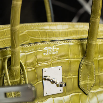 Hermes Birkin 35 Handbag Vert Anis Shiny Crocodile Porosus Palladium Hardware