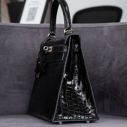 Hermes Kelly 28 Black Crocodile Shiny Porosus Handbag