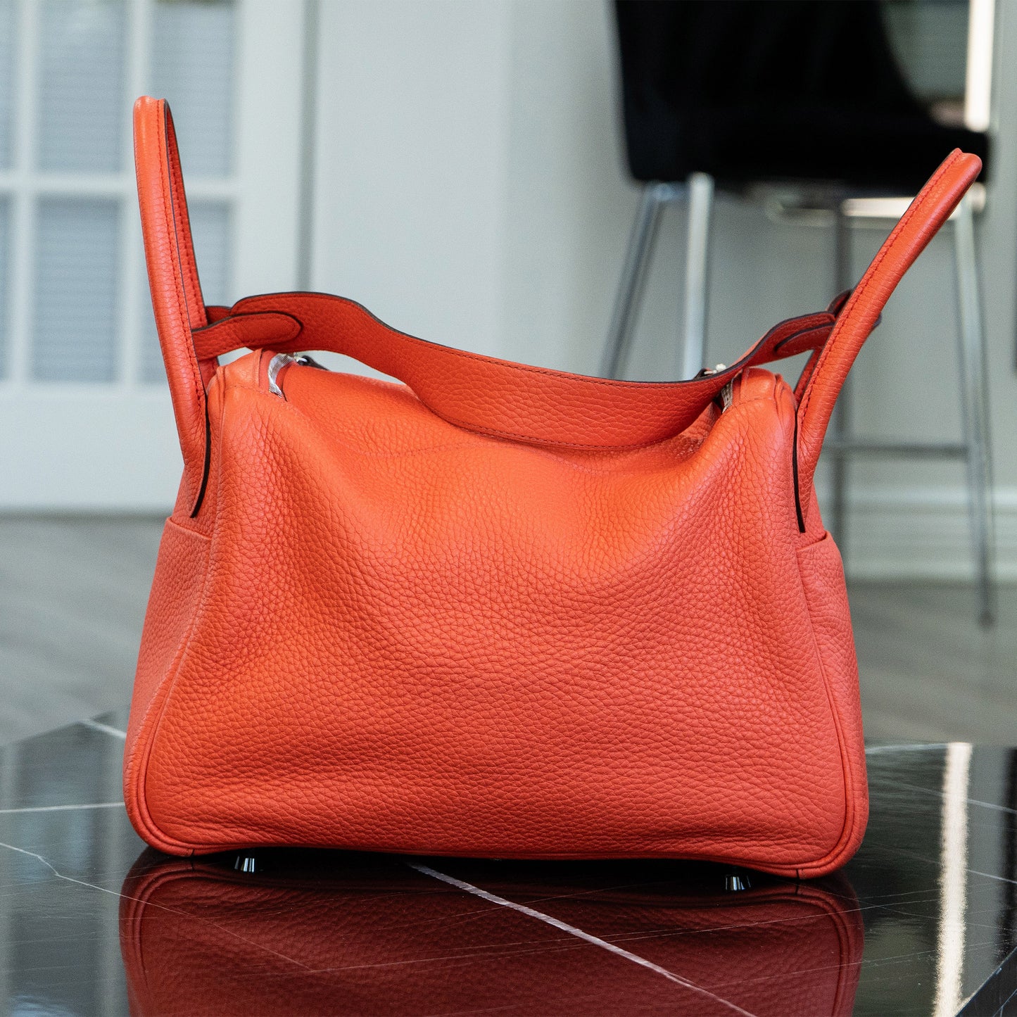 Hermes Lindy 30 Orange Red Clemence Leather Silver Hardware Shoulder Bag