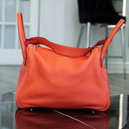 Hermes Lindy 30 Orange Red Clemence Leather Silver Hardware Shoulder Bag