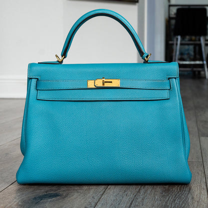 Pre-Owned Hermes Kelly 32 Blue Izmir Retourne Handbag