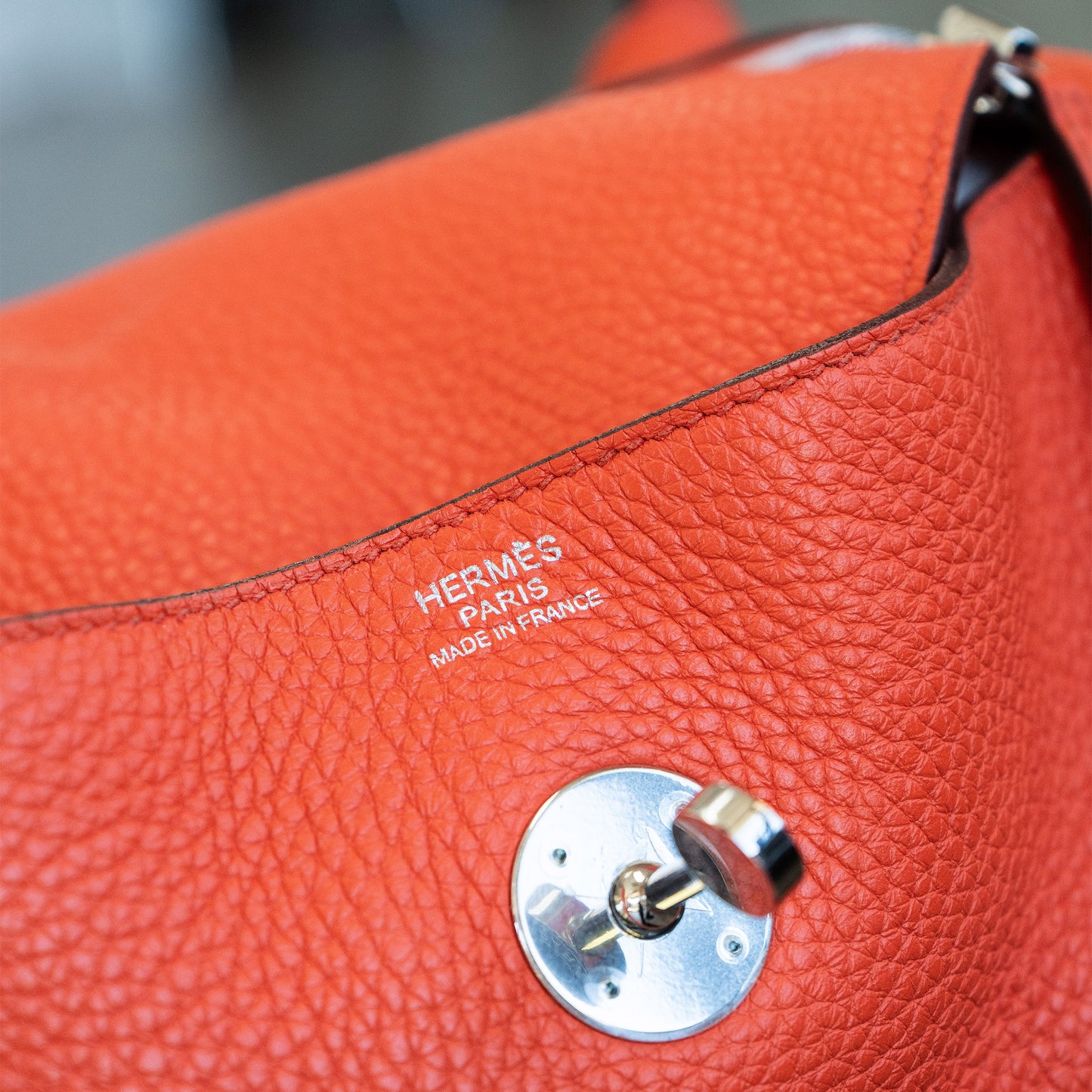 Hermes Lindy 30 Orange Red Clemence Leather Silver Hardware Shoulder Bag