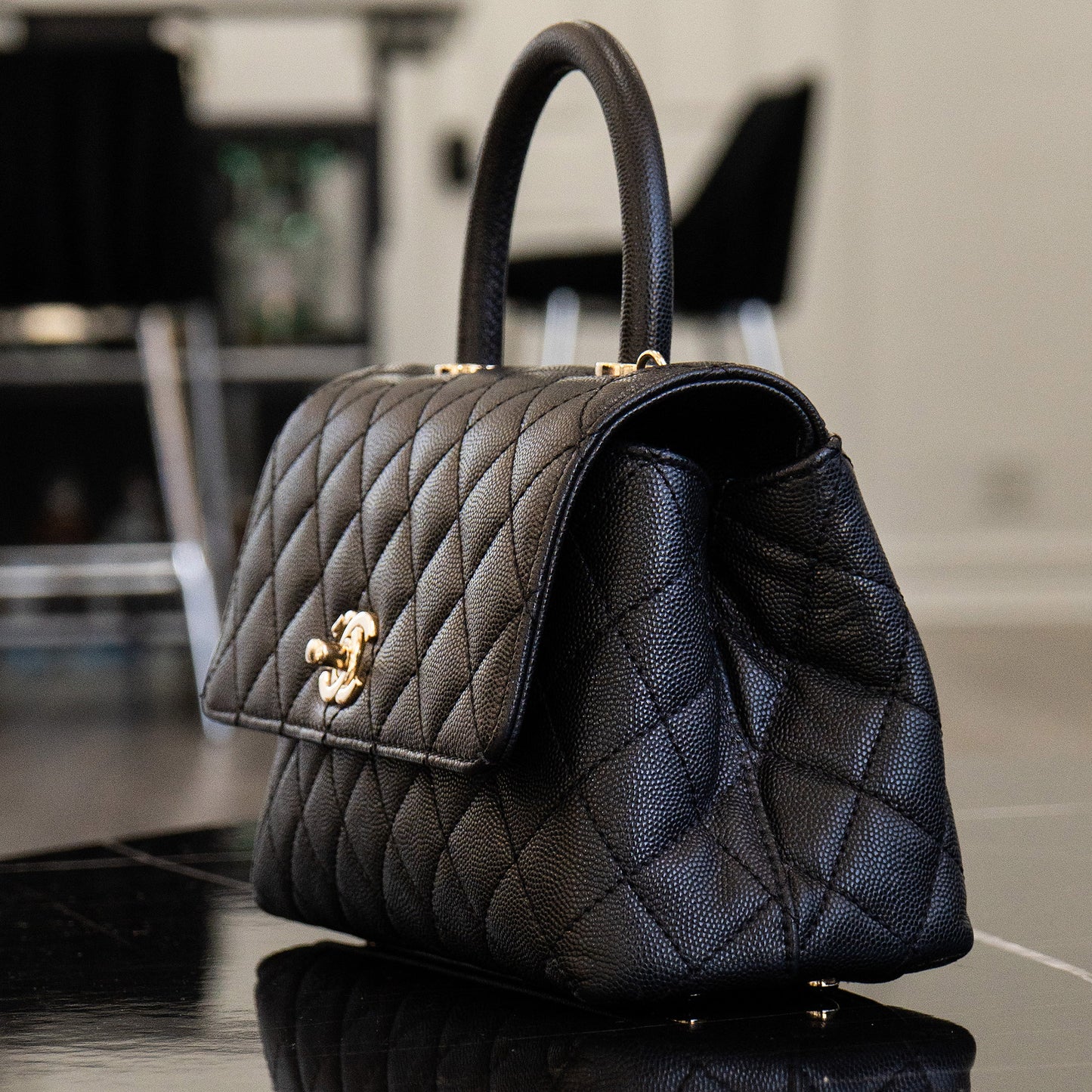 Chanel Coco Handle Black Caviar Leather Quilted Flap Bag