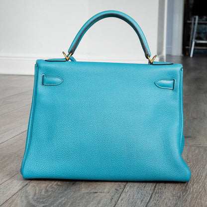 Pre-Owned Hermes Kelly 32 Blue Izmir Retourne Handbag