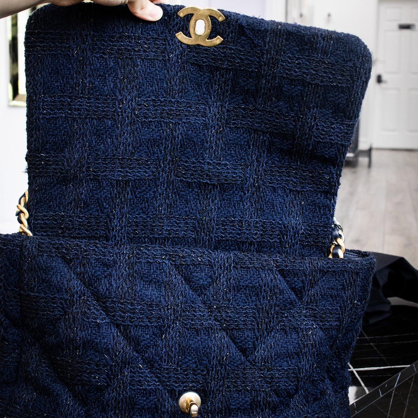 Chanel Blue Tweed Quilted Single Flap Handbag