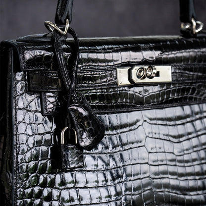 Hermes Kelly 28 Black Crocodile Shiny Porosus Handbag
