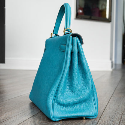Pre-Owned Hermes Kelly 32 Blue Izmir Retourne Handbag