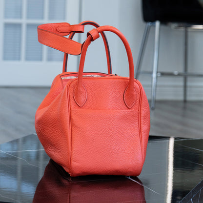 Hermes Lindy 30 Orange Red Clemence Leather Silver Hardware Shoulder Bag