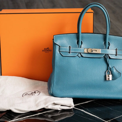 Hermes Birkin 30 Blue Jean Togo Palladium Handbag W/ Dustbag and COA