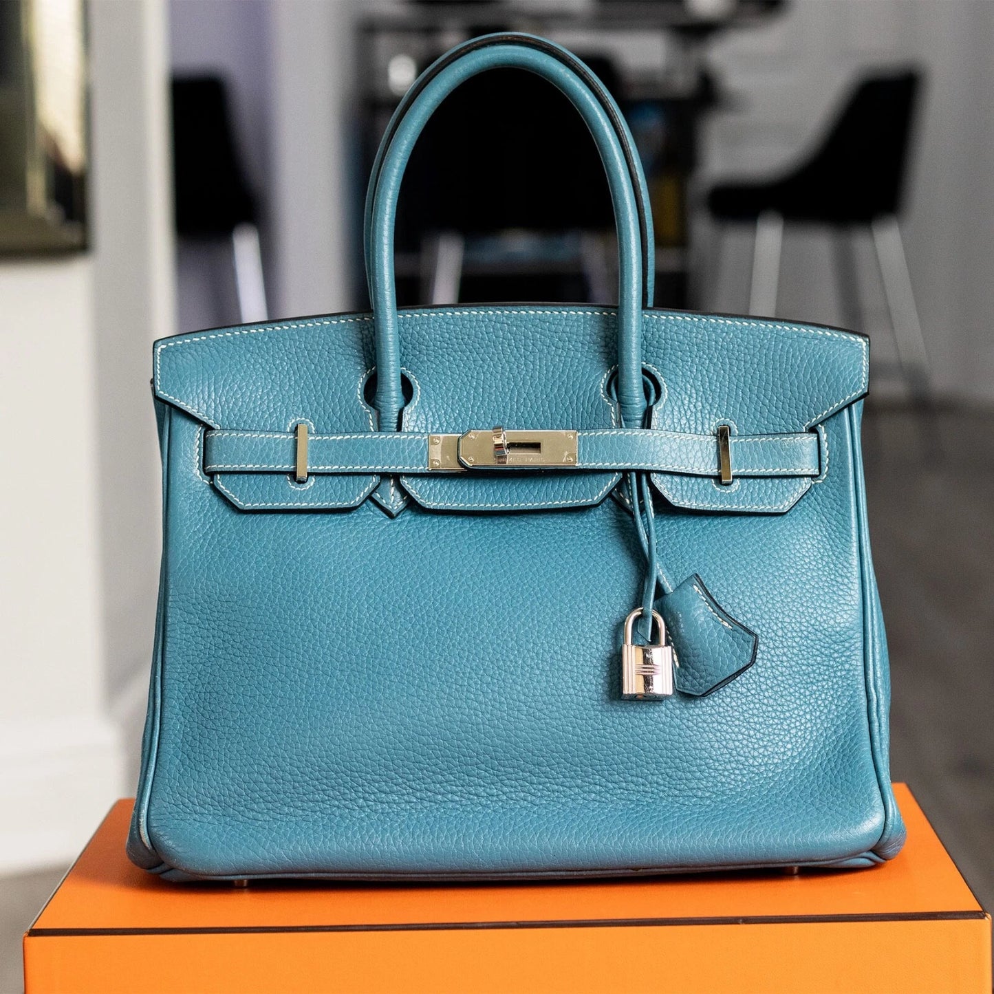 Hermes Birkin 30 Blue Jean Togo Palladium Handbag W/ Dustbag and COA