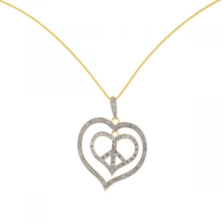 18k Yellow Gold Peace Sign Heart Diamond Pendant Necklace 