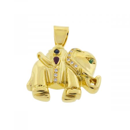 18k Yellow Gold Diamond Ruby Emerald Elephant Pendant