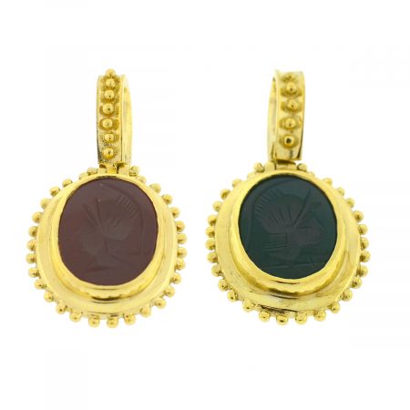 18k Yellow Gold Double Sided Green Intaglio and Carnelian Cabochon Pendant 