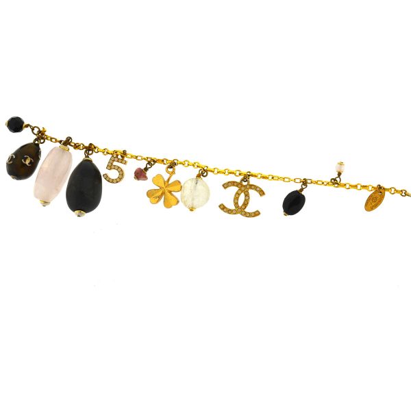 Chanel Gold Tone CC Logo Crystal Charms No 5 Clover Stone Gems