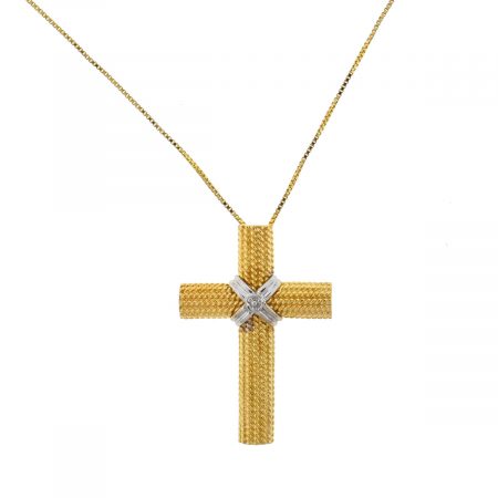 14k Yellow Gold Two Tone Cross Pendant Necklace 