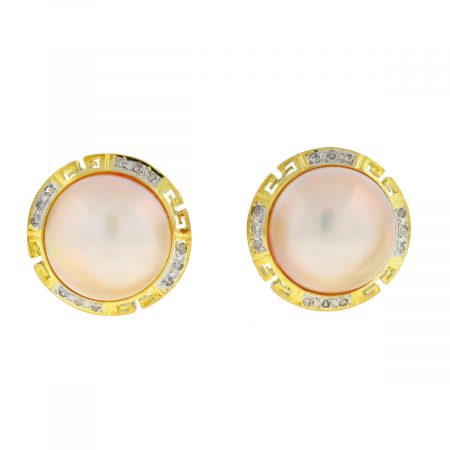 14k Yellow Gold Two Tone 5mm Pearl Diamond Earrings