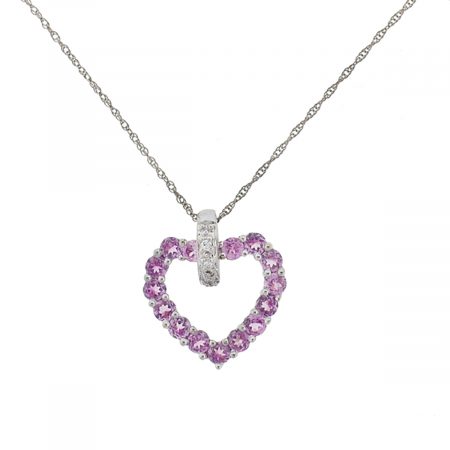 10k White Gold Pink Quartz Heart Pendant Necklace 