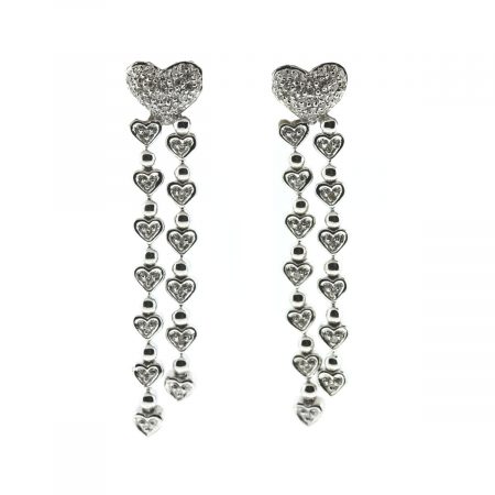 14k White Gold Heart Diamond Double Drop Dangle Earrings .60 Cts