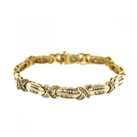 10k Yellow Gold Baguette and Round Diamond Cross Bracelet Approx. 2.4 Cts.