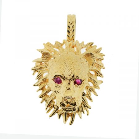 14k Yellow Gold Ruby Eyes Lion Head Broach and Pendant