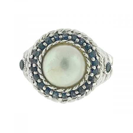 Judith Ripka Sterling Silver Pearl With Blue Stone Halo Ring