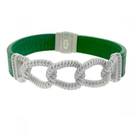 Judith Ripka Sterling Silver Chain Green Leather Bracelet