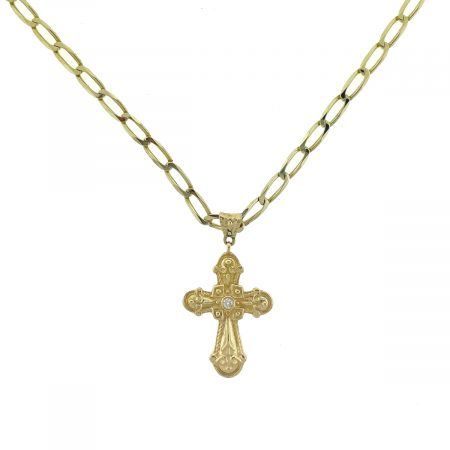 14k Yellow Gold Oval Link Chain Necklace With Diamond Cross Pendant