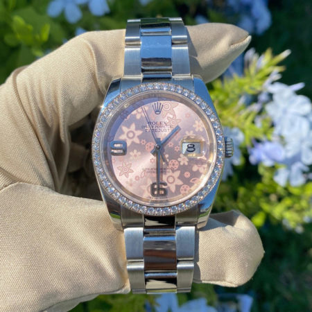 Rolex 116244 Datejust 36mm Pink Floral Dial Diamond Bezel Automatic Watch