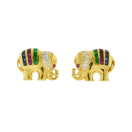 18k Yellow Gold Elephant Multi-Color Earrings