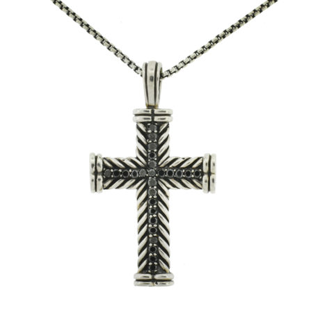 David Yurman Sterling Silver Black Diamond Chevron Cross Necklace