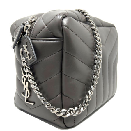 YSL Yves Saint Laurent Grey Calfskin Leather Loulou Bowling Bag