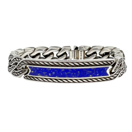 David Yurman Sterling Silver Lapis Lazuli Curb Chain Link ID Bracelet