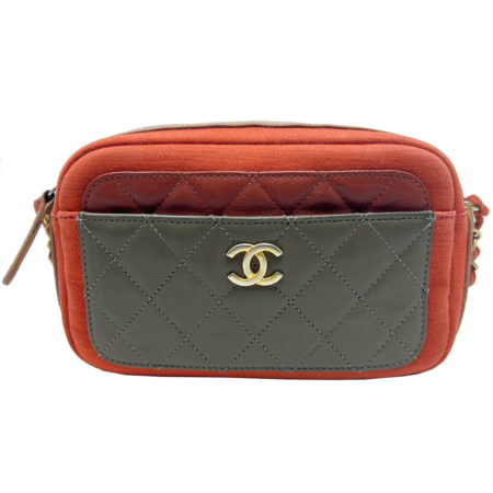CHANEL Quilted Lambskin/Fabric Orange and Brown Camera Case/Bag