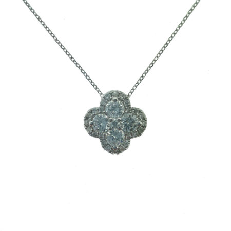 18k White Gold Clover Style Diamond Pendant on Thin Chain Necklace 1CT