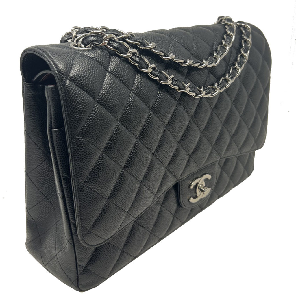 CHANEL Maxi Double Flap Black Caviar Shoulder Bag w/ Card + Auth